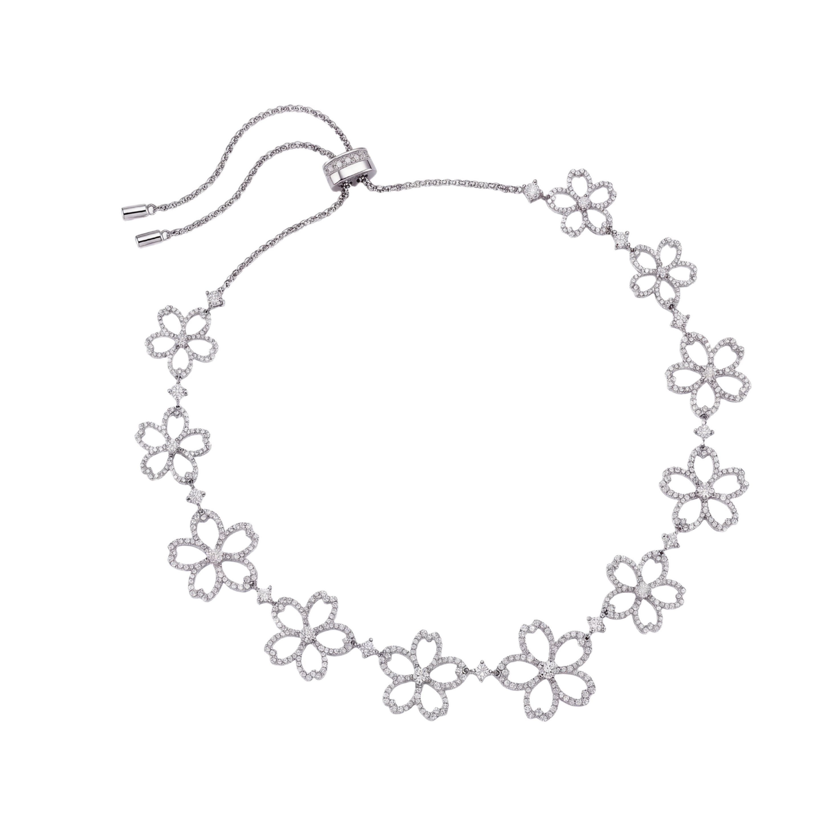 Cherry Blossom Cascade 11-Flower Sakura Zirconia Silver Necklace (Platinum Plated) - BLACK BY BLUE BRAVE