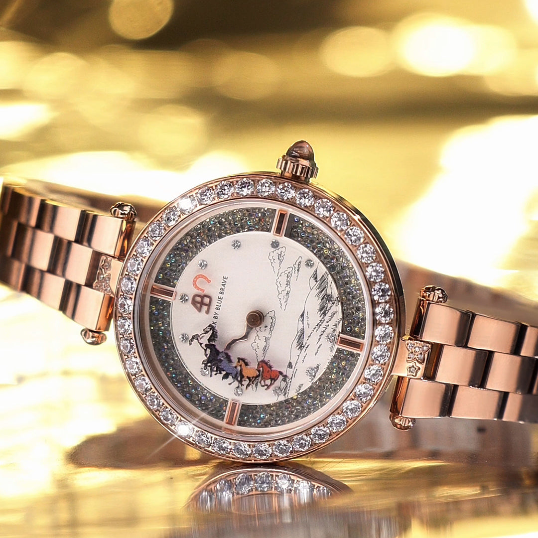 The Companions 34mm White Dial Moving Horse Rose Gold Bracelet Watch - BLACK BY BLUE BRAVE