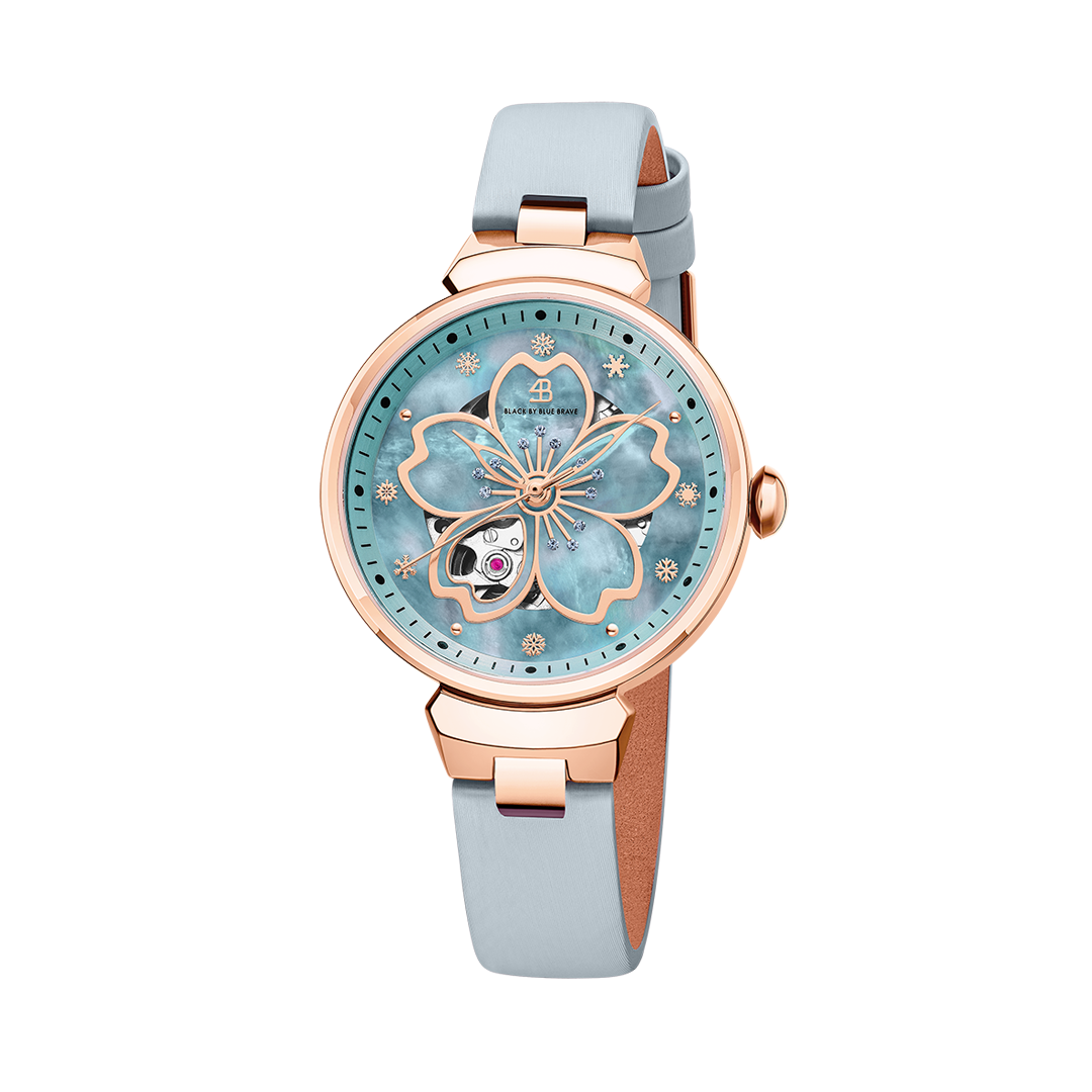 Cherry Blossom 36mm Blue Mother Of Pearl Dial Leather Strap Automatic Watch - BLACK BY BLUE BRAVE