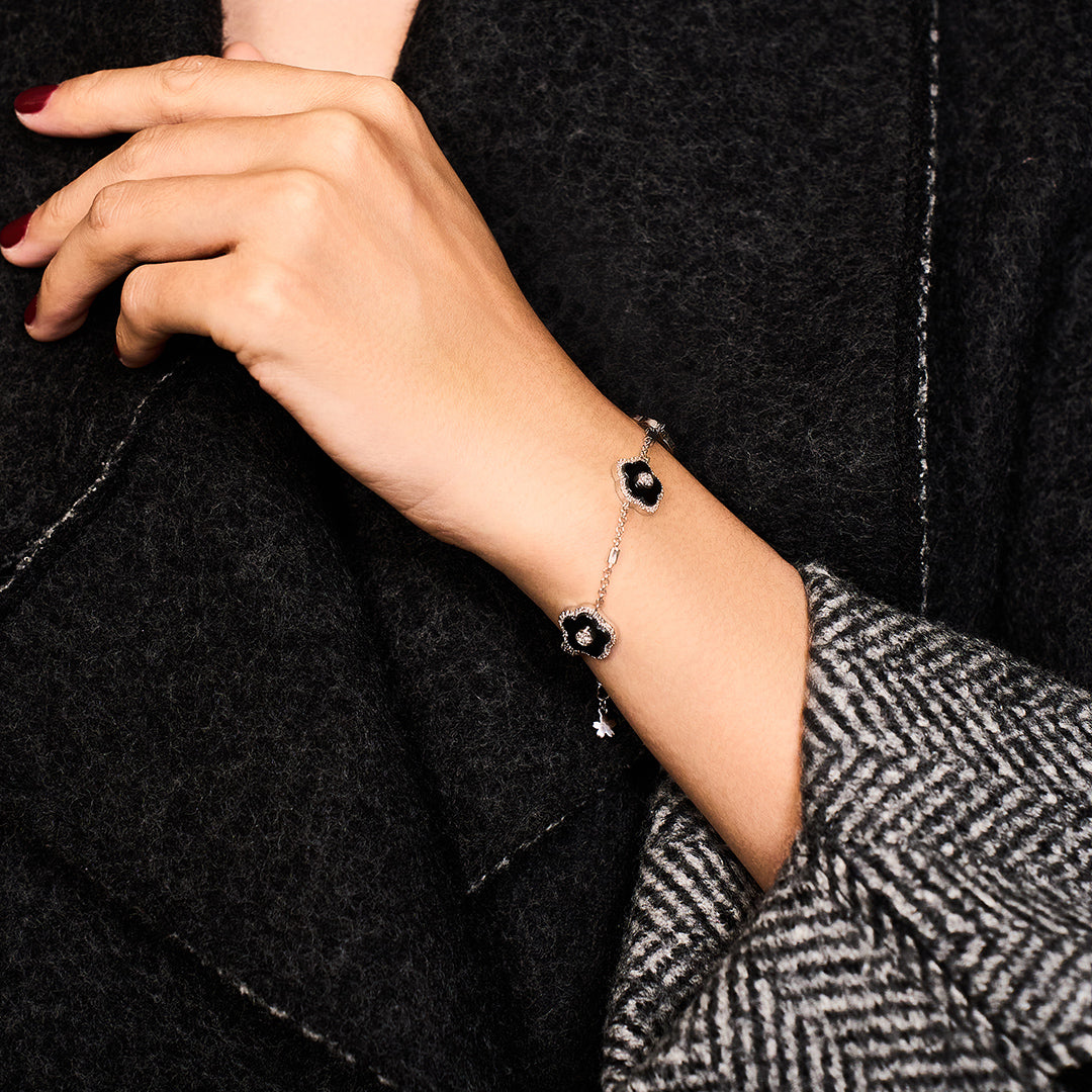 Cherry Blossom Ceramic Three Black Ceramic Flowers Silver Bracelet Silver Platinum Plated - BLACK BY BLUE BRAVE