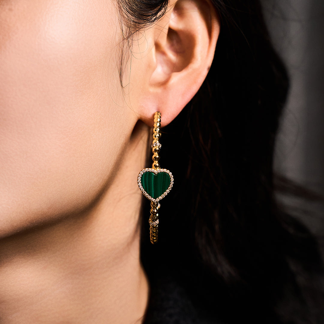 Love Heart Malachite Earrings 18K Gold Plated 45mm - BLACK BY BLUE BRAVE