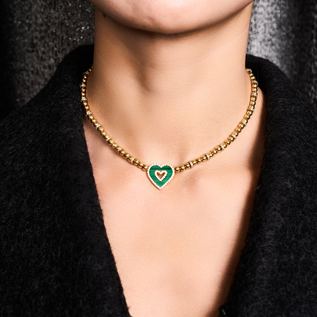 Love Heart Malachite Double Heart Necklace 18K Gold Plated - BLACK BY BLUE BRAVE