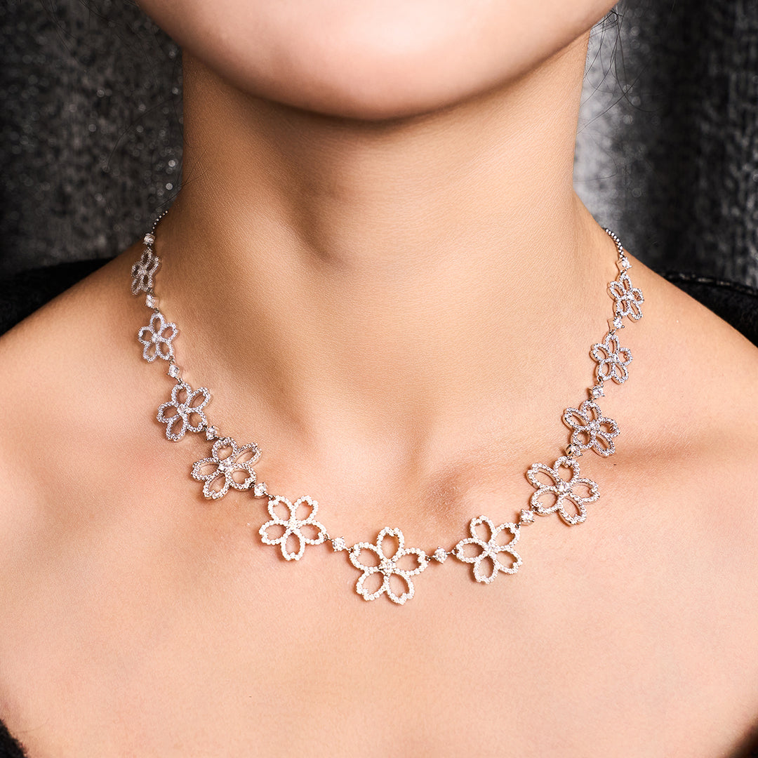 Cherry Blossom Cascade 11-Flower Sakura Zirconia Silver Necklace (Platinum Plated) - BLACK BY BLUE BRAVE