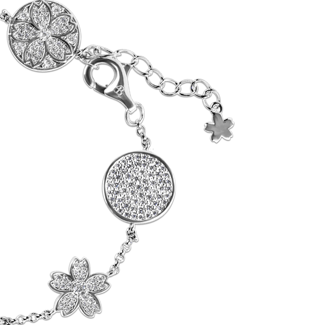 Cherry Blossom Symphony Pavé 7-Flower Zirconia Silver Station Bracelet (Platinum Plated) - BLACK BY BLUE BRAVE