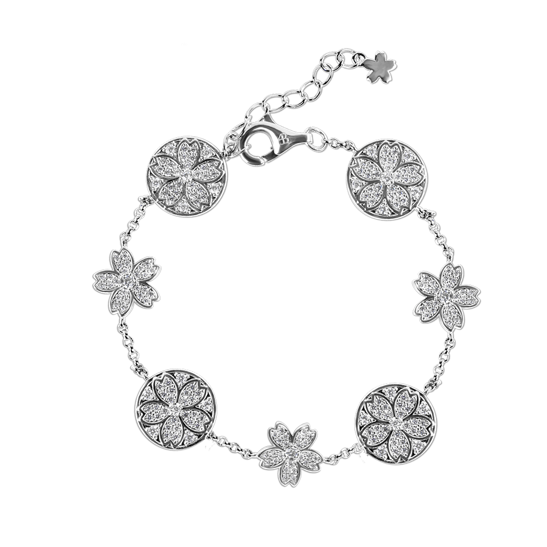 Cherry Blossom Symphony Pavé 7-Flower Zirconia Silver Station Bracelet (Platinum Plated) - BLACK BY BLUE BRAVE
