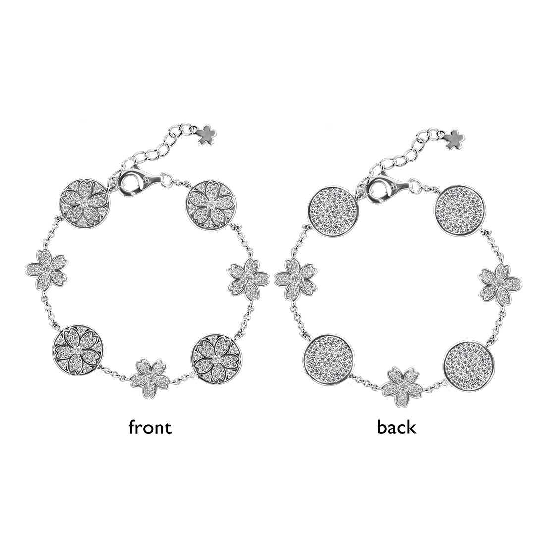 Cherry Blossom Symphony Pavé 7-Flower Zirconia Silver Station Bracelet (Platinum Plated) - BLACK BY BLUE BRAVE