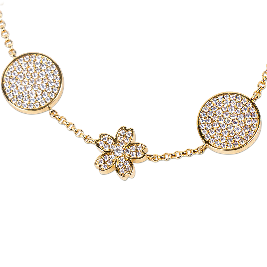 Cherry Blossom Symphony Pavé 7-Flower Zirconia Gold Station Bracelet (18K Gold Plated) - BLACK BY BLUE BRAVE