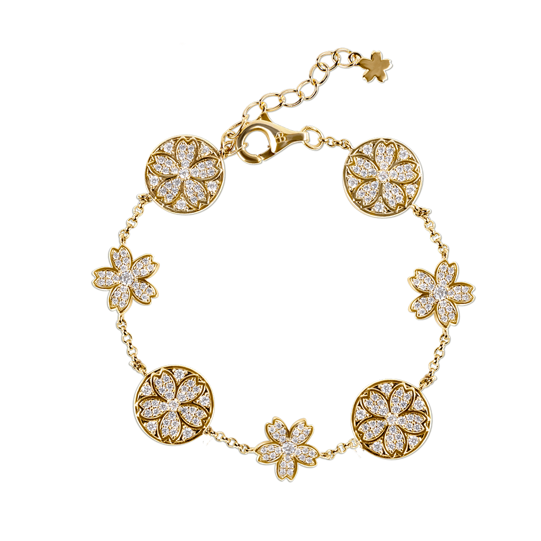 Cherry Blossom Symphony Pavé 7-Flower Zirconia Gold Station Bracelet (18K Gold Plated) - BLACK BY BLUE BRAVE