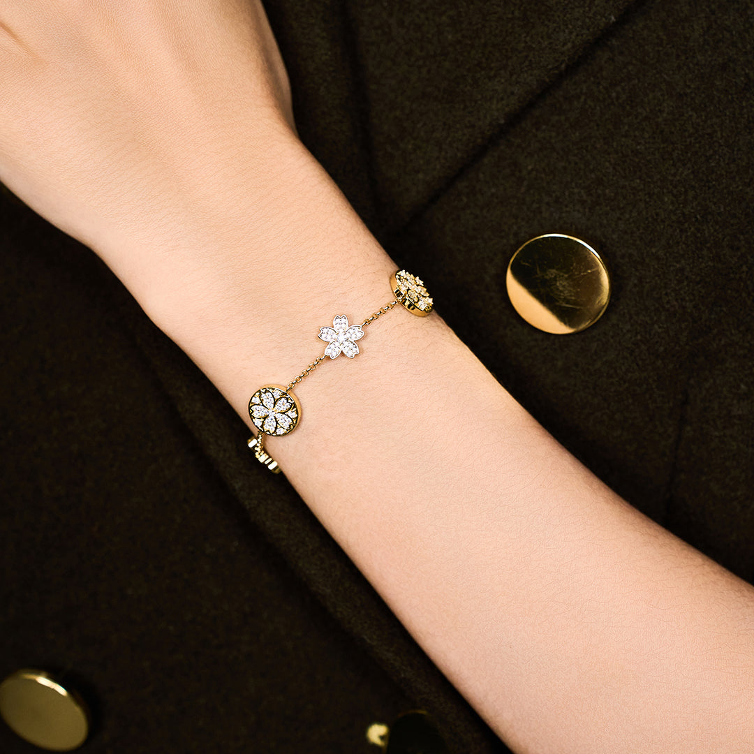 Cherry Blossom Symphony Pavé 7-Flower Zirconia Gold Station Bracelet (18K Gold Plated) - BLACK BY BLUE BRAVE