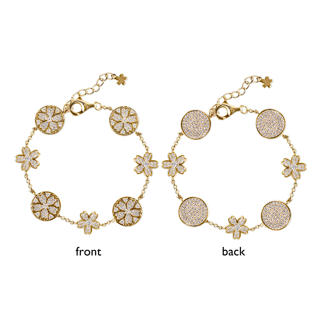 Cherry Blossom Symphony Pavé 7-Flower Zirconia Gold Station Bracelet (18K Gold Plated) - BLACK BY BLUE BRAVE