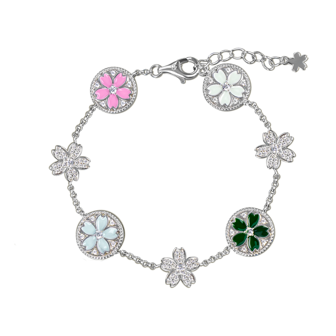 Cherry Blossom Symphony Enamel 7-Flower Silver Bracelet (Platinum Plated) - BLACK BY BLUE BRAVE