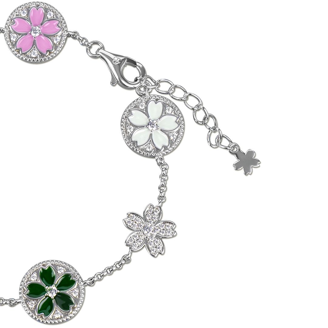 Cherry Blossom Symphony Enamel 7-Flower Silver Bracelet (Platinum Plated) - BLACK BY BLUE BRAVE