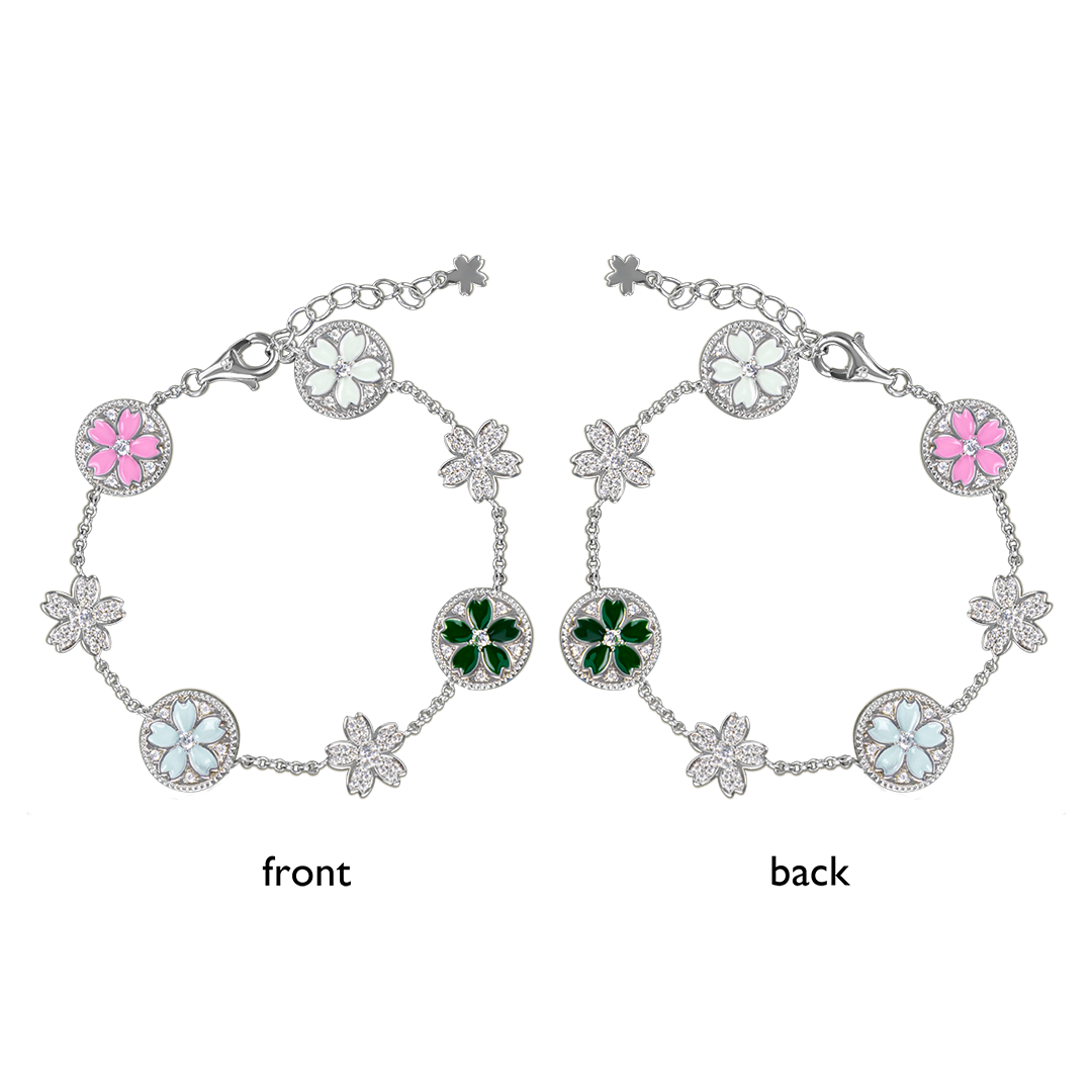 Cherry Blossom Symphony Enamel 7-Flower Silver Bracelet (Platinum Plated) - BLACK BY BLUE BRAVE