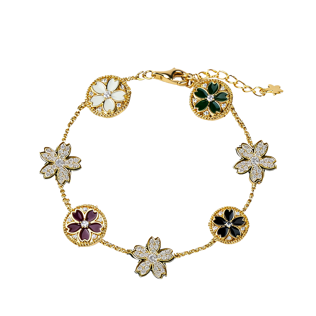 Cherry Blossom Symphony Enamel 7-Flower Gold Bracelet (18K Gold Plated) - BLACK BY BLUE BRAVE