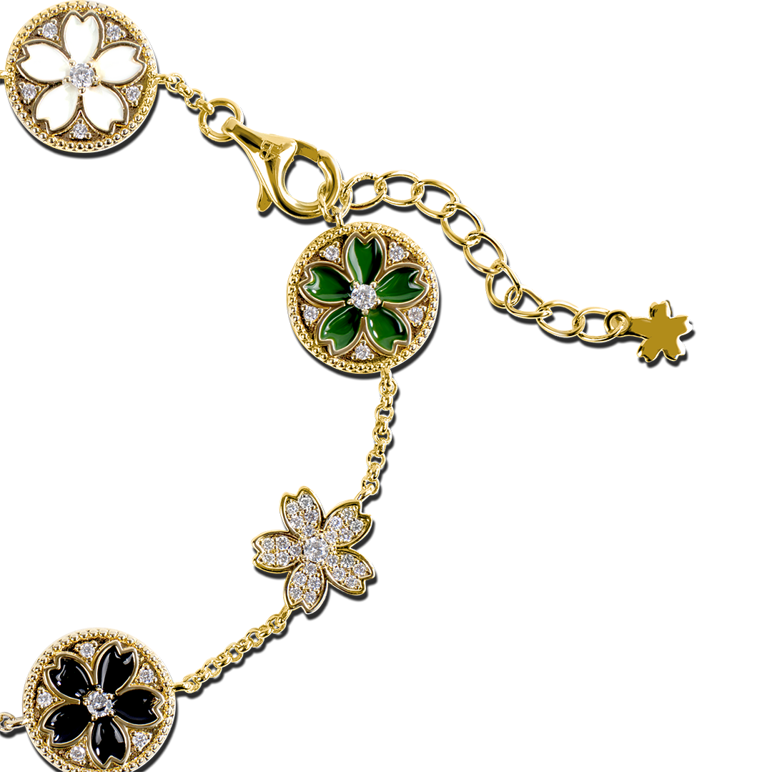 Cherry Blossom Symphony Enamel 7-Flower Gold Bracelet (18K Gold Plated) - BLACK BY BLUE BRAVE