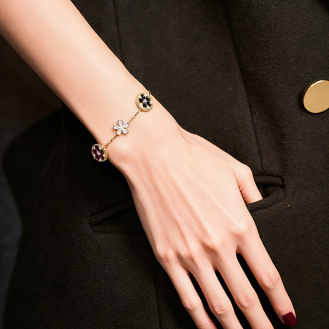 Cherry Blossom Symphony Enamel 7-Flower Gold Bracelet (18K Gold Plated) - BLACK BY BLUE BRAVE