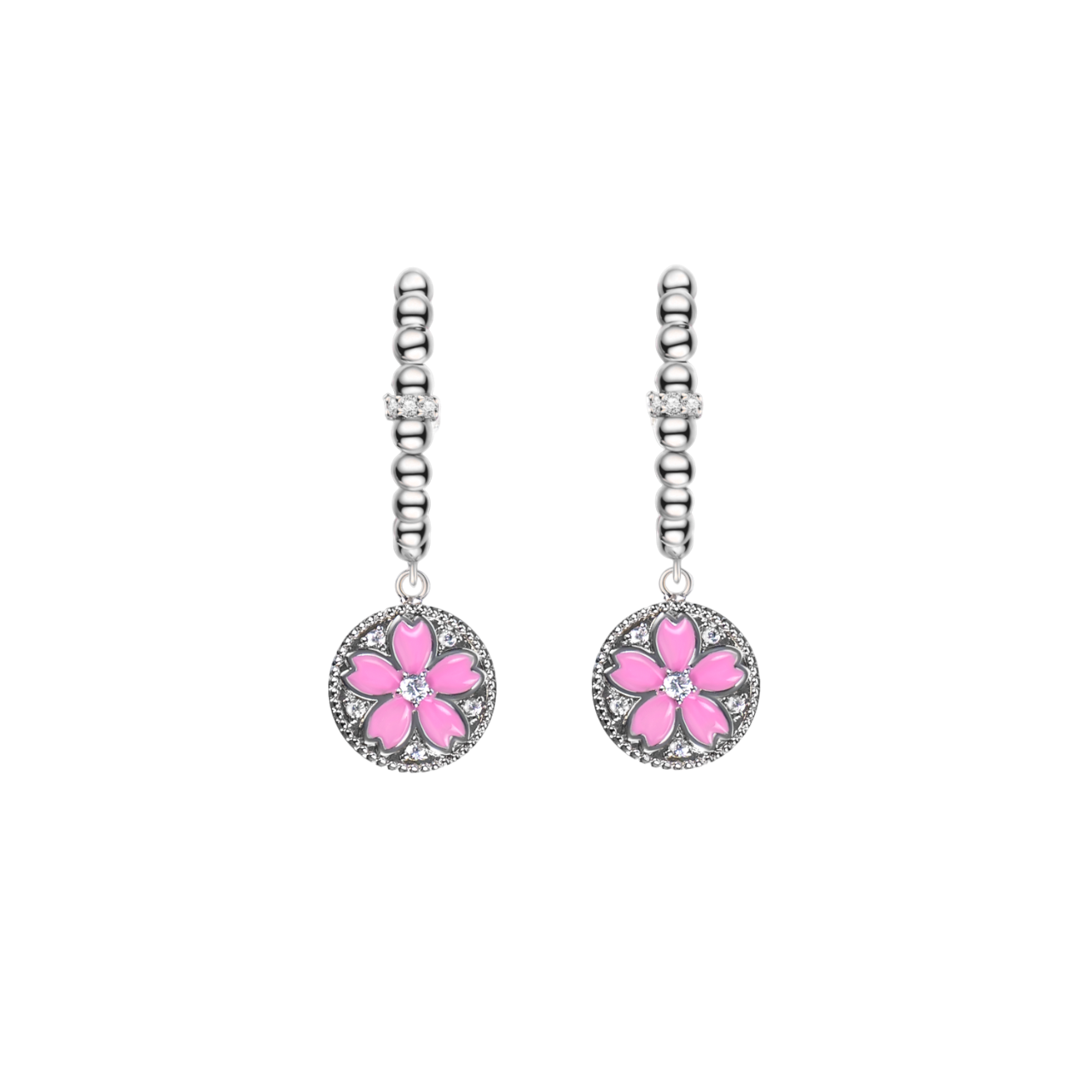 Cherry Blossom Symphony Pink & Blue Enamel Silver Earrings (Platinum Plated) - BLACK BY BLUE BRAVE