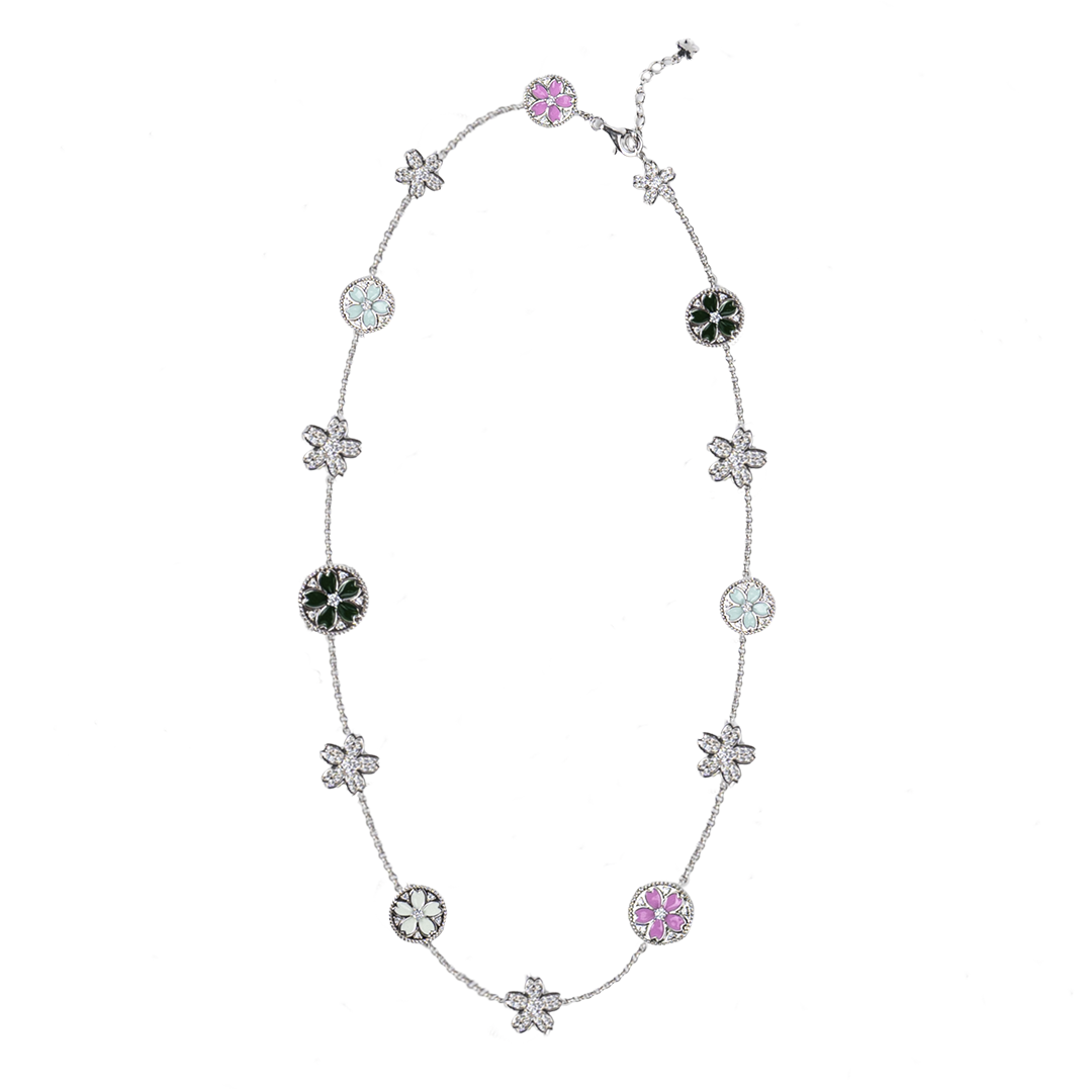 Cherry Blossom Symphony Enamel 14-Flower Sakura Silver Necklace (Platinum Plating) - BLACK BY BLUE BRAVE