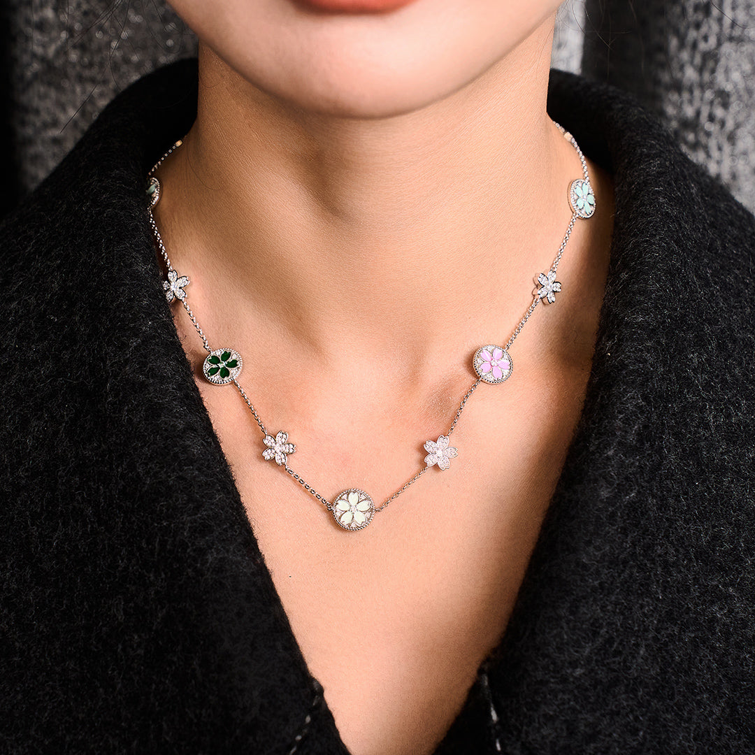 Cherry Blossom Symphony Enamel 14-Flower Sakura Silver Necklace (Platinum Plating) - BLACK BY BLUE BRAVE
