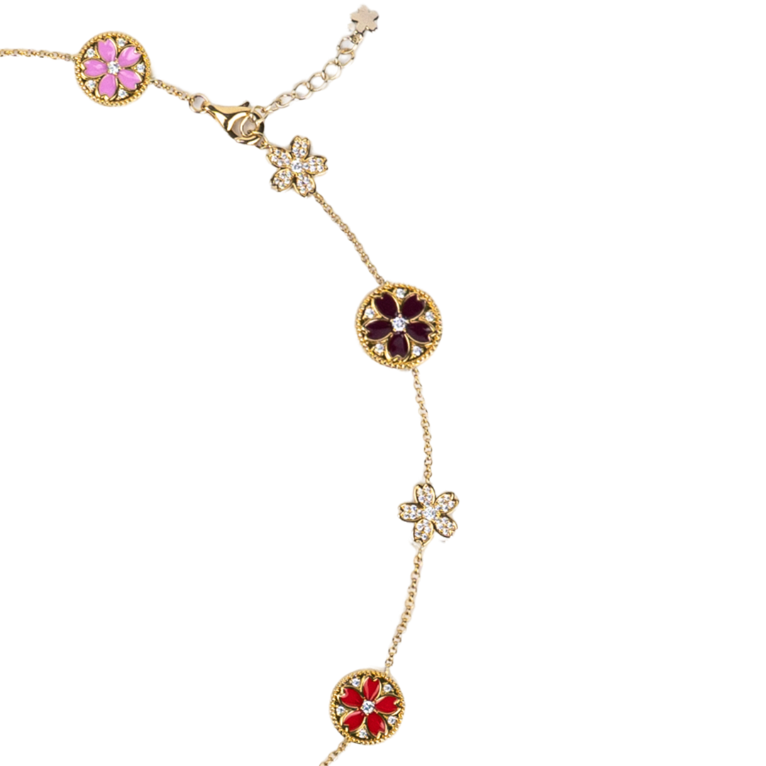 Cherry Blossom Symphony Enamel 14-Flower Sakura Gold Necklace (18K Gold Plated) - BLACK BY BLUE BRAVE