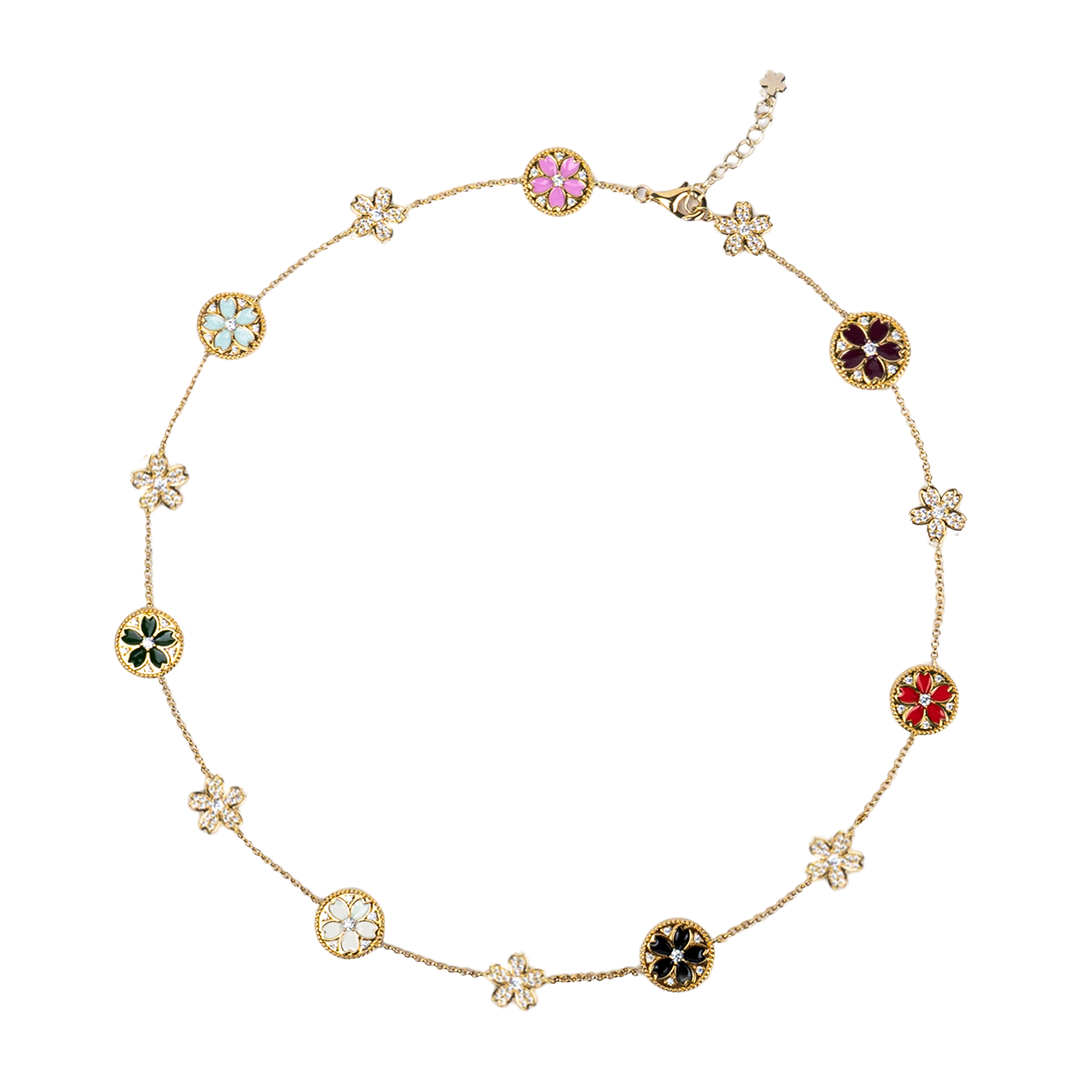 Cherry Blossom Symphony Enamel 14-Flower Sakura Gold Necklace (18K Gold Plated) - BLACK BY BLUE BRAVE