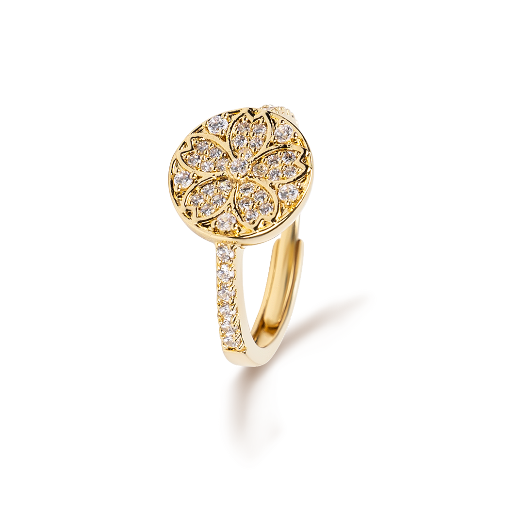 Cherry Blossom Symphony Pavé Sakura Gold Adjustable Ring (18K Gold Plated) - BLACK BY BLUE BRAVE
