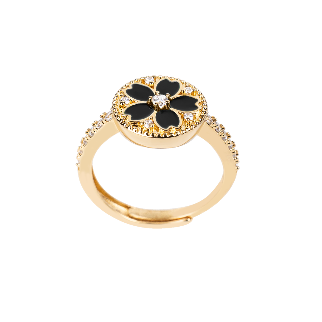 Cherry Blossom Symphony Black Enamel Sakura Adjustable Ring (18K Gold Plated) - BLACK BY BLUE BRAVE