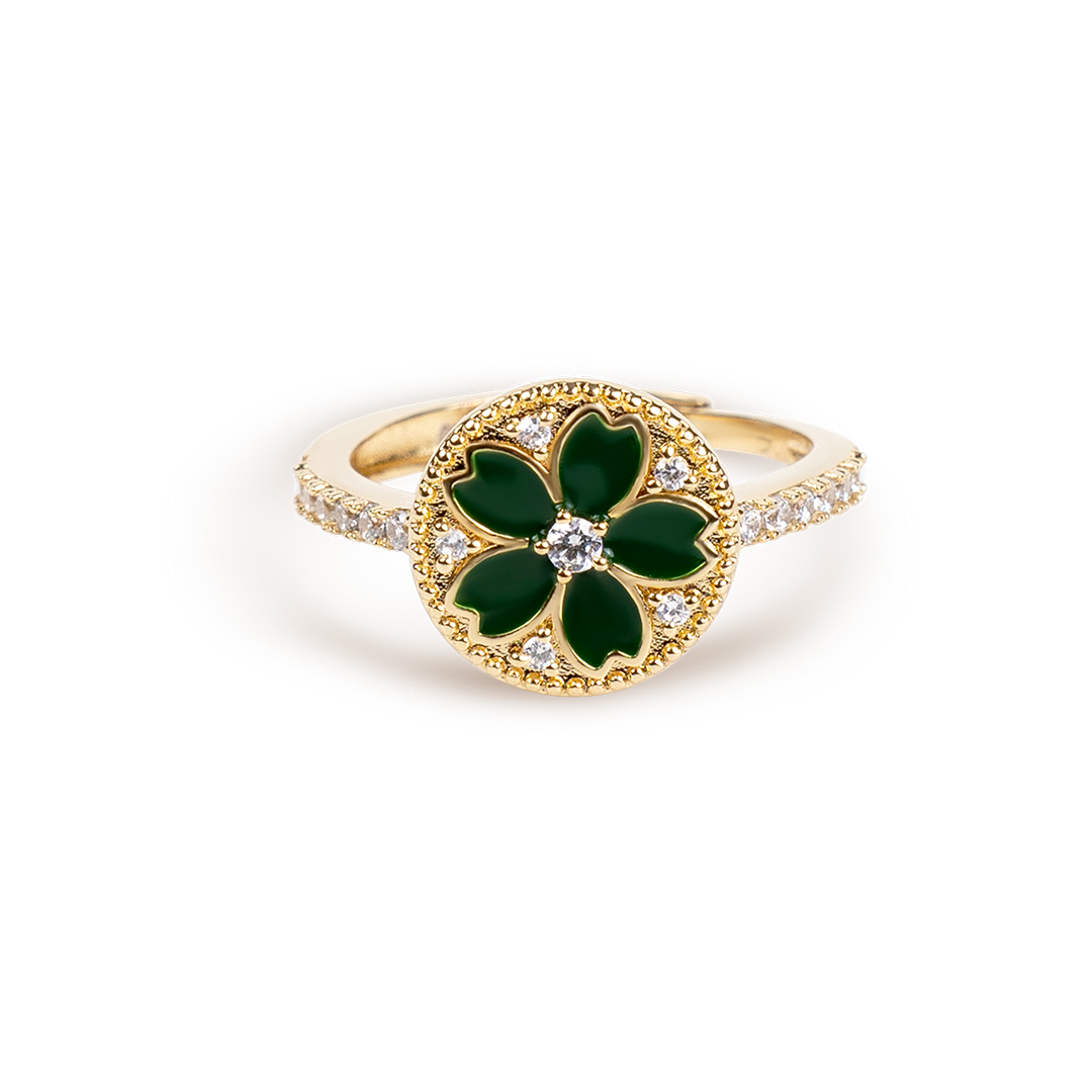 Cherry Blossom Symphony Green Enamel Sakura Adjustable Ring (18K Gold Plated) - BLACK BY BLUE BRAVE