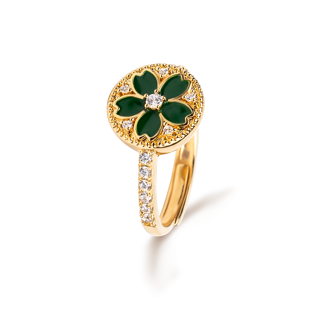 Cherry Blossom Symphony Green Enamel Sakura Adjustable Ring (18K Gold Plated) - BLACK BY BLUE BRAVE
