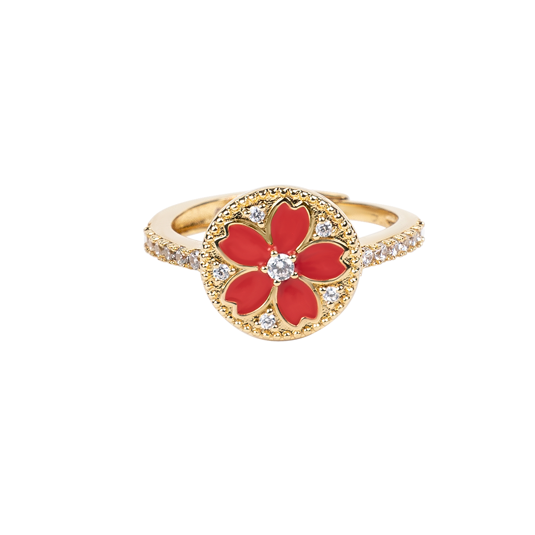 Cherry Blossom Symphony Red Enamel Sakura Adjustable Ring (18K Gold Plated) - BLACK BY BLUE BRAVE