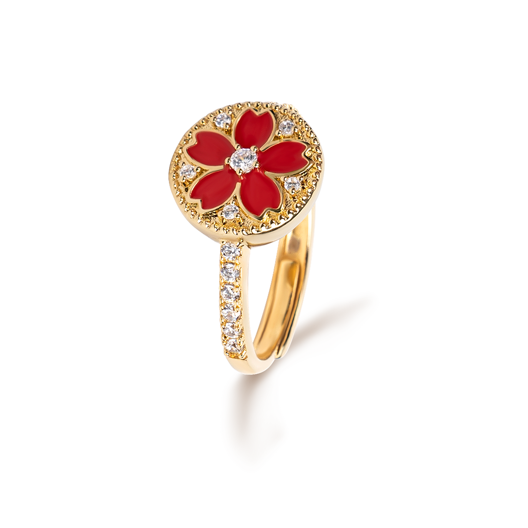 Cherry Blossom Symphony Red Enamel Sakura Adjustable Ring (18K Gold Plated) - BLACK BY BLUE BRAVE