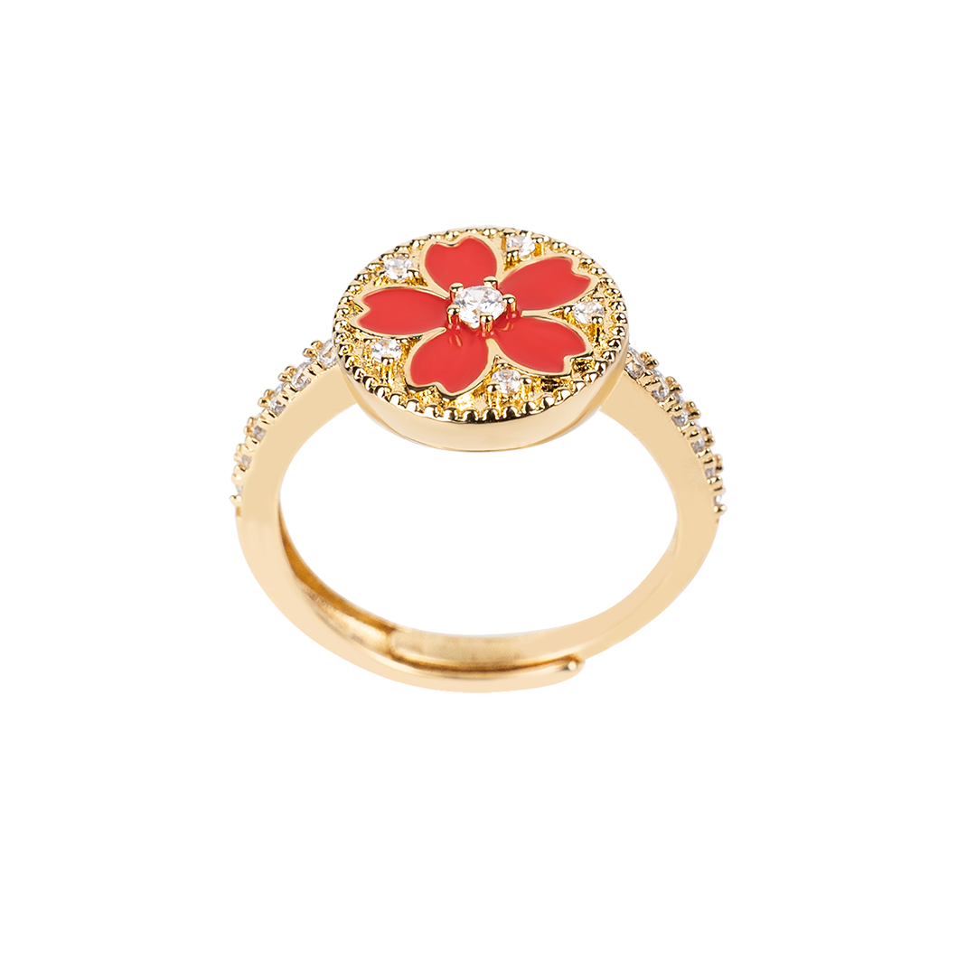 Cherry Blossom Symphony Red Enamel Sakura Adjustable Ring (18K Gold Plated) - BLACK BY BLUE BRAVE