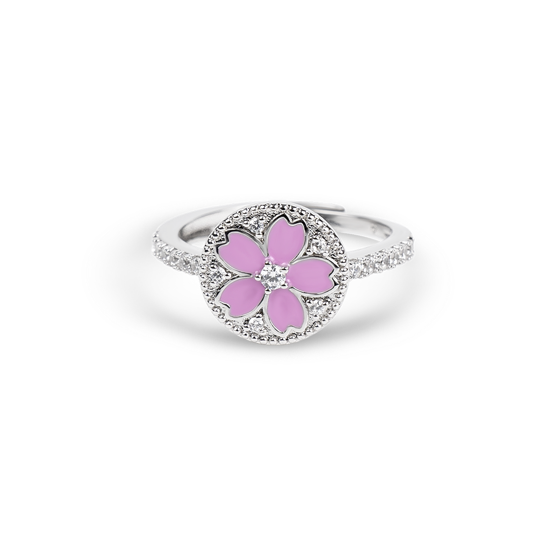 Cherry Blossom Symphony Pink Enamel Sakura Adjustable Ring (Platinum Plated) - BLACK BY BLUE BRAVE