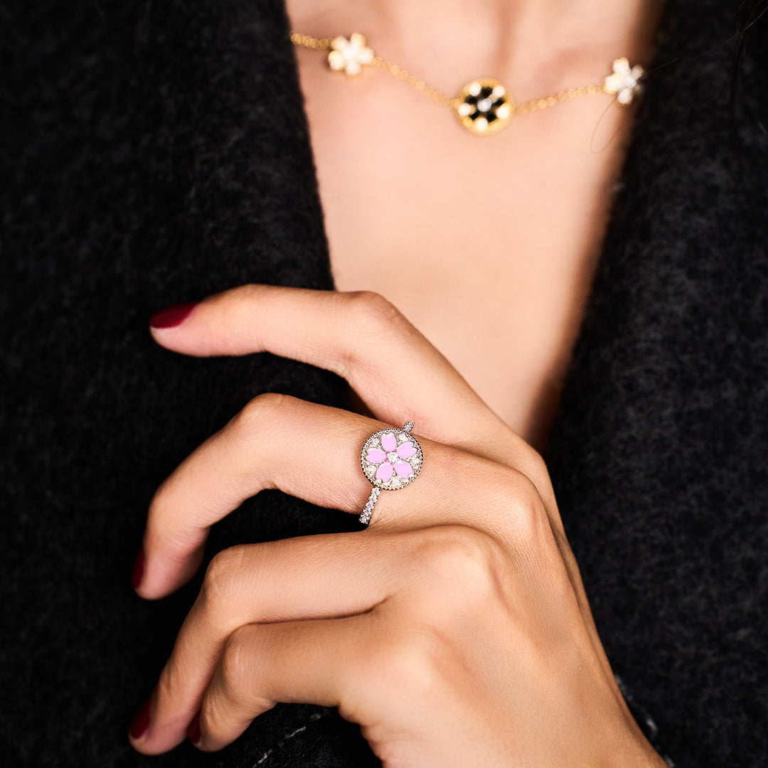 Cherry Blossom Symphony Pink Enamel Sakura Adjustable Ring (Platinum Plated) - BLACK BY BLUE BRAVE