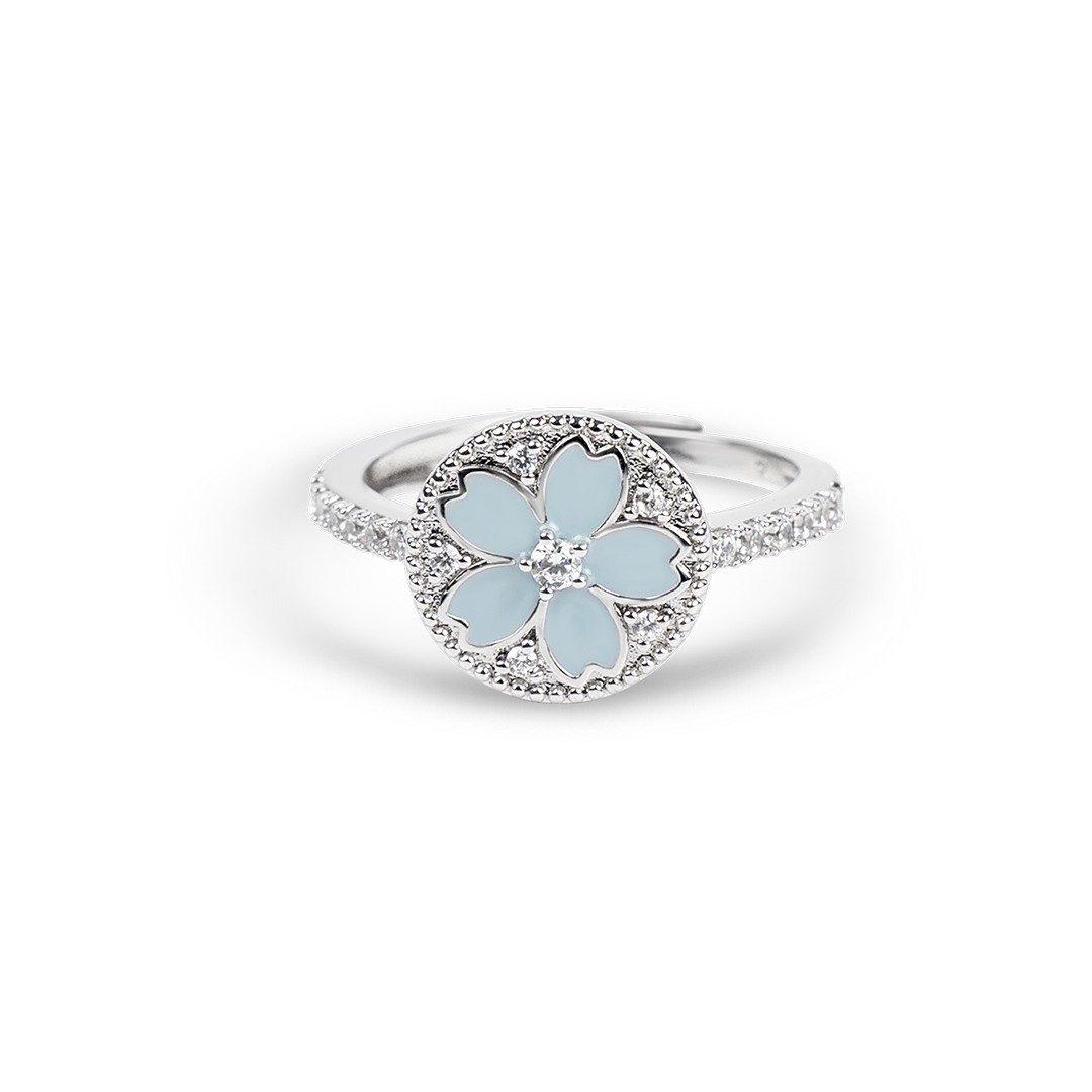 Cherry Blossom Symphony Blue Enamel Sakura Adjustable Ring (Platinum Plated) - BLACK BY BLUE BRAVE