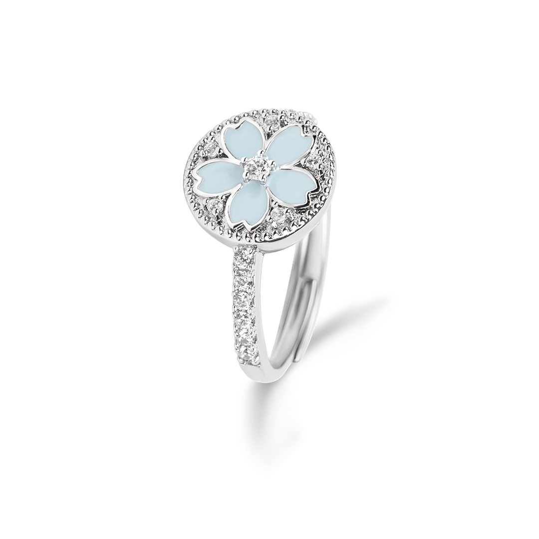Cherry Blossom Symphony Blue Enamel Sakura Adjustable Ring (Platinum Plated) - BLACK BY BLUE BRAVE