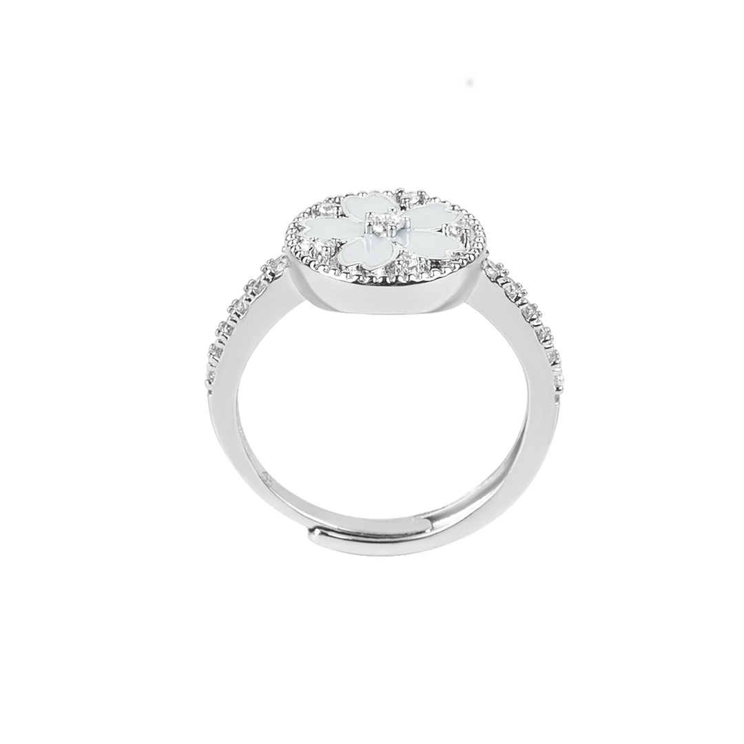 Cherry Blossom Symphony Champagne White Enamel Sakura Adjustable Ring (Platinum Plated) - BLACK BY BLUE BRAVE