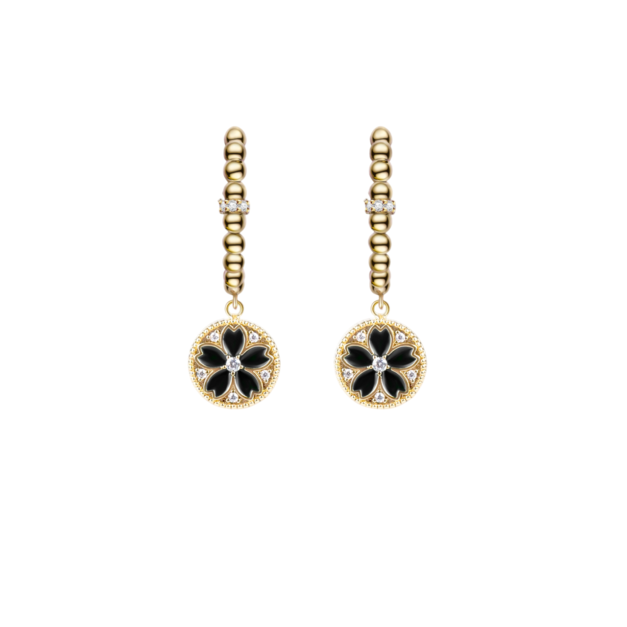 Cherry Blossom Symphony Green & Black Enamel Gold Earrings (18K Gold Plated) - BLACK BY BLUE BRAVE