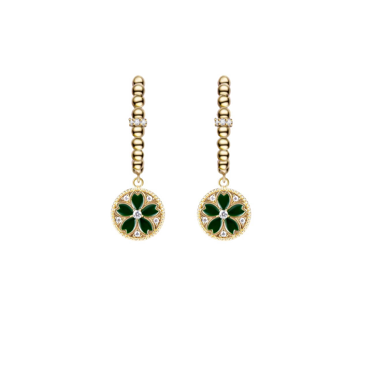 Cherry Blossom Symphony Green & Black Enamel Gold Earrings (18K Gold Plated) - BLACK BY BLUE BRAVE