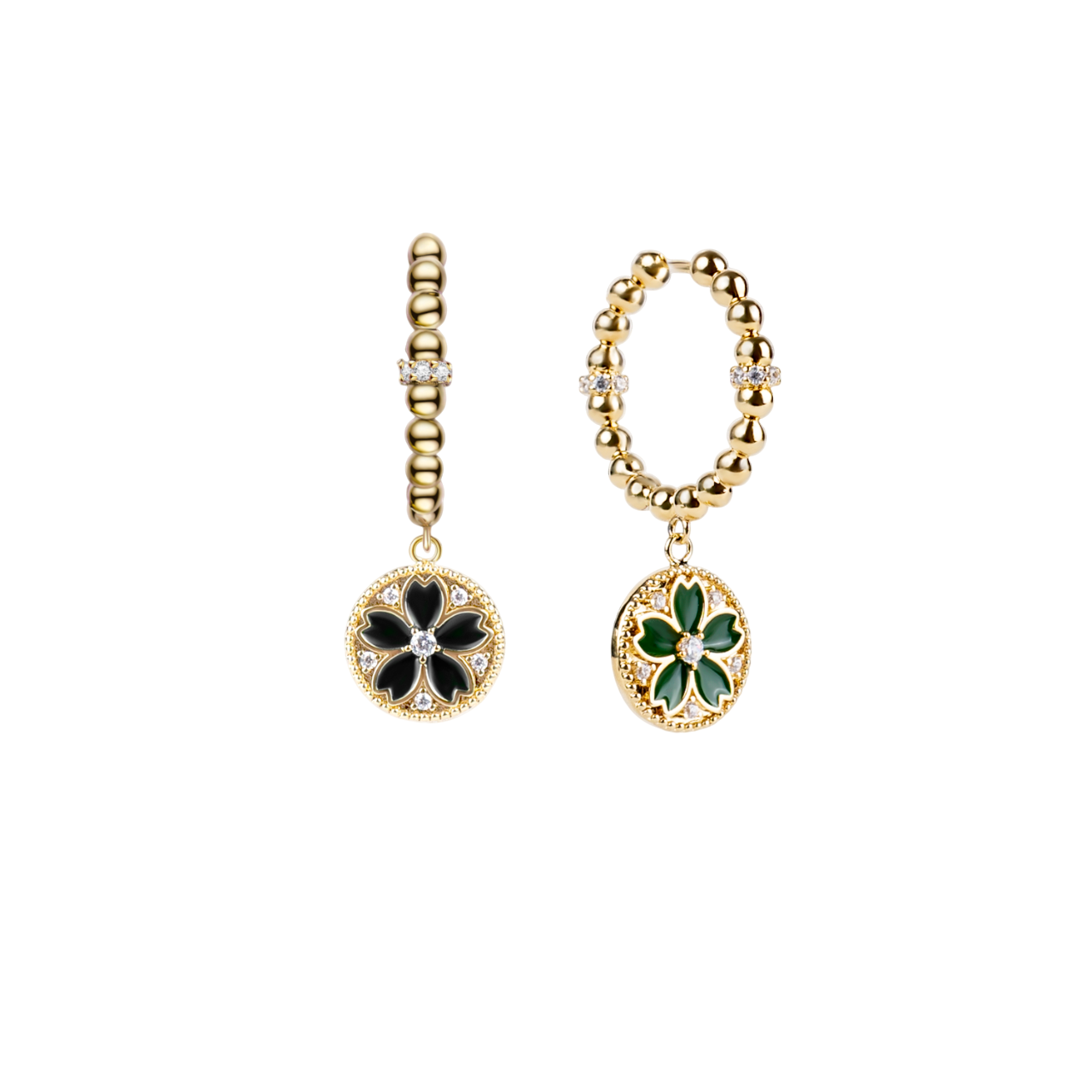 Cherry Blossom Symphony Green & Black Enamel Gold Earrings (18K Gold Plated) - BLACK BY BLUE BRAVE