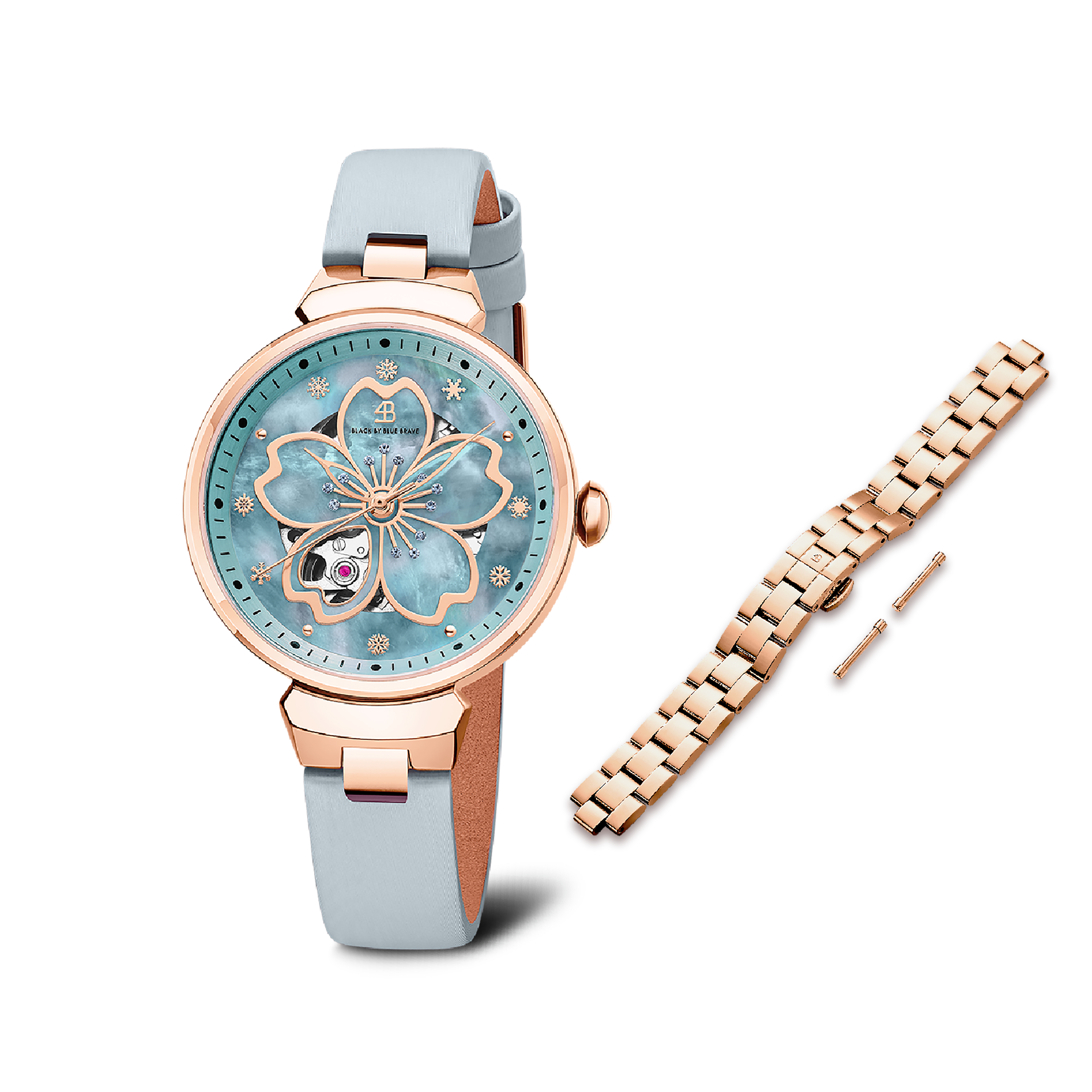 Women's Watches-Blue Cherry Blossom Automatic Watch-Leather Strap Watch