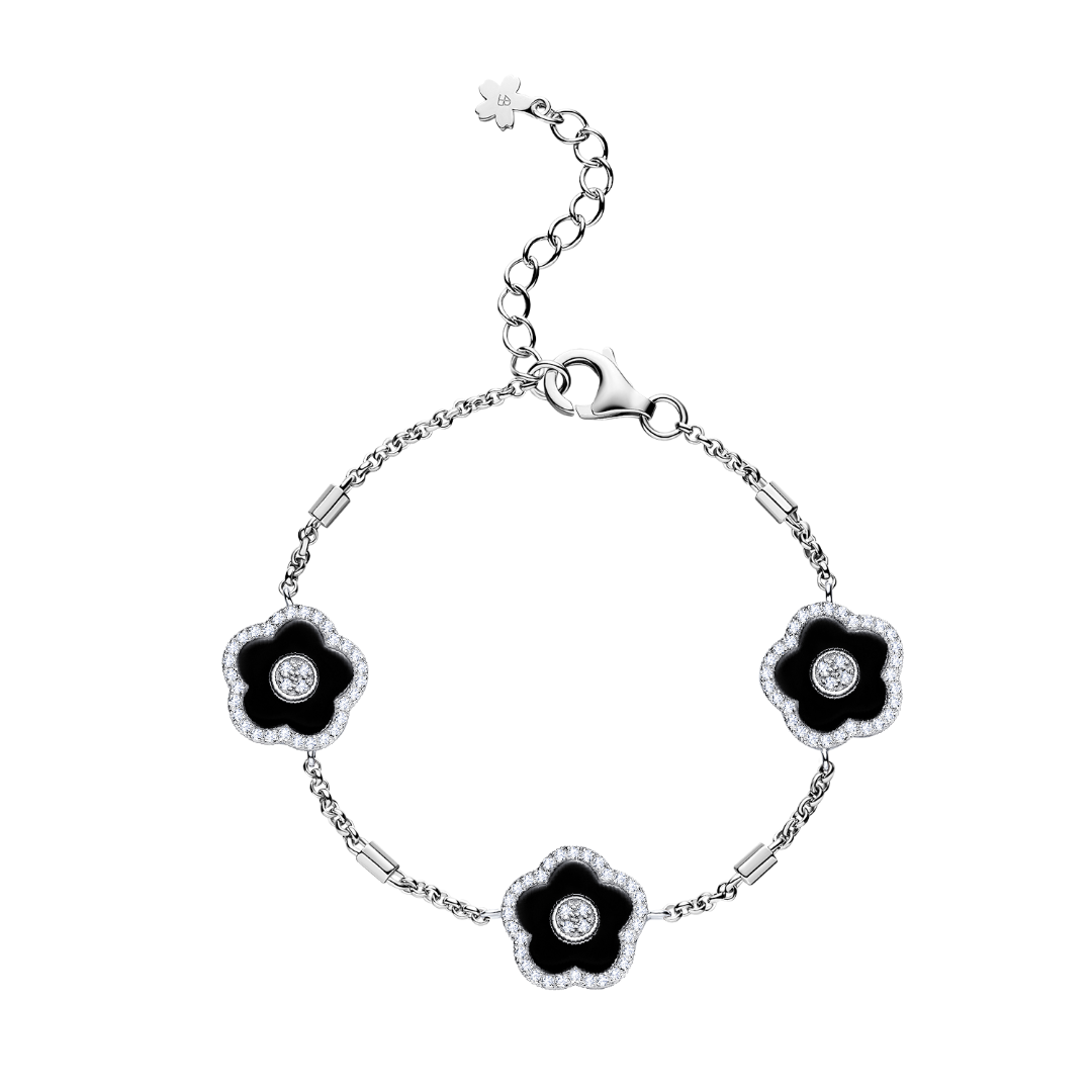 Cherry Blossom Ceramic Three Black Ceramic Flowers Silver Bracelet Silver Platinum Plated - 4B4138 - front - Black By Blue Brave
