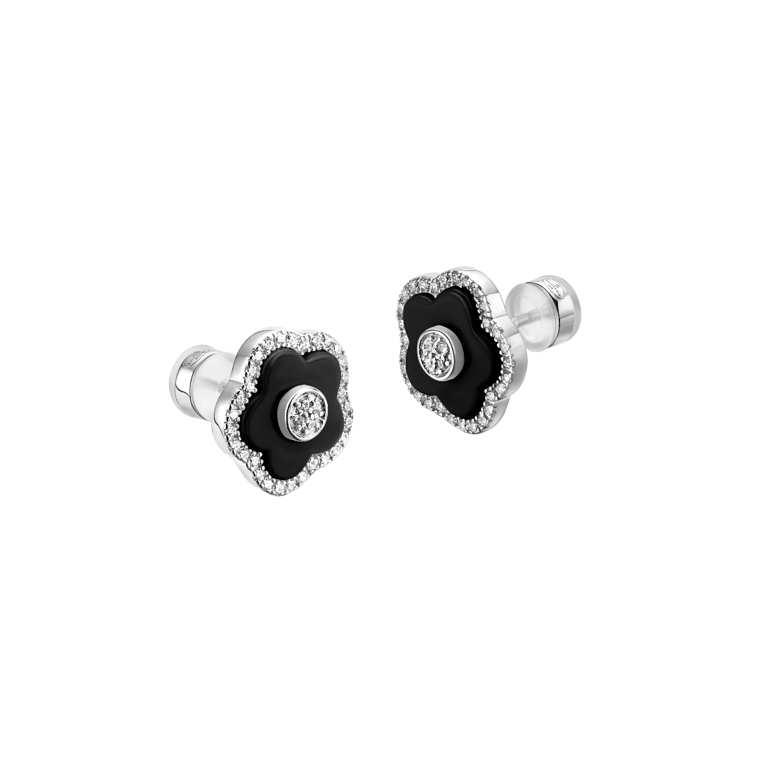 Cherry Blossom Ceramic Black Ceramic Flowers Silver Stud Earrings Silver Platinum Plated - 4B4325 - front - Black By Blue Brave