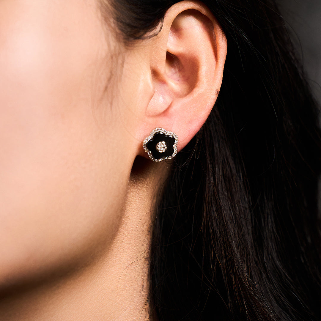 Cherry Blossom Ceramic Black Ceramic Flowers Silver Stud Earrings Silver Platinum Plated - 4B4325 - wear - Black By Blue Brave