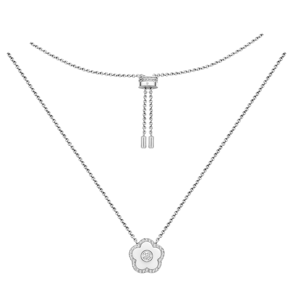 Cherry Blossom Ceramic White Ceramic Flower Silver Adjustable Necklace Silver Platinum Plated - 4B4311 - front - Black By Blue Brave