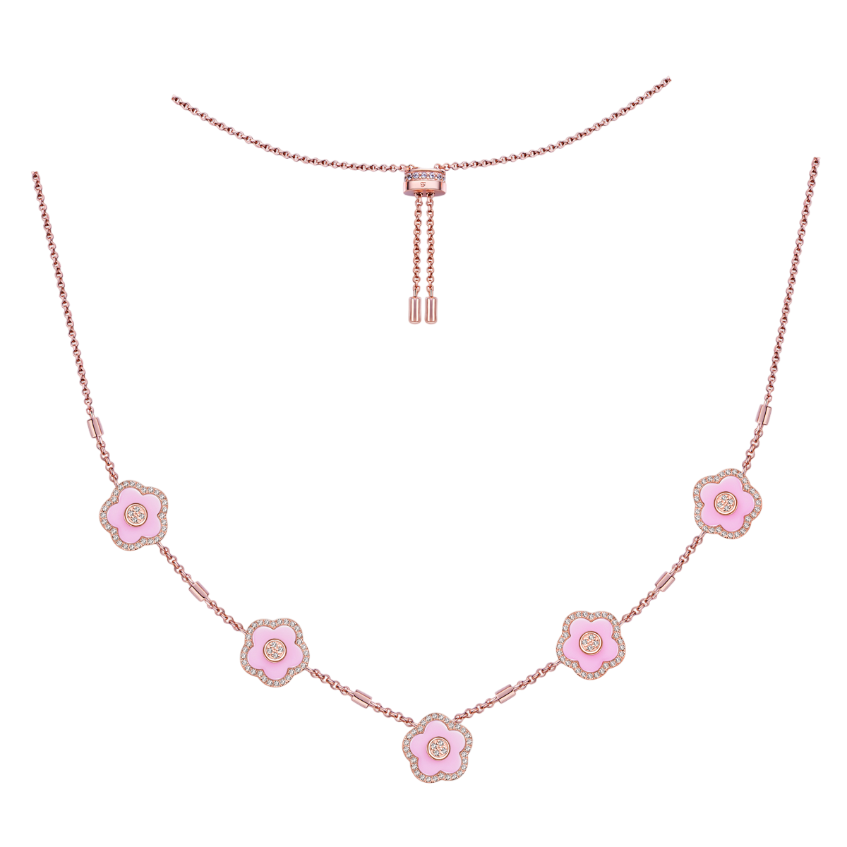 Cherry Blossom Ceramic Five Pink Ceramic Flowers Rose Gold Adjustable Necklace 18K Rose Gold Plated - 4B4318 - front - Black By Blue Brave