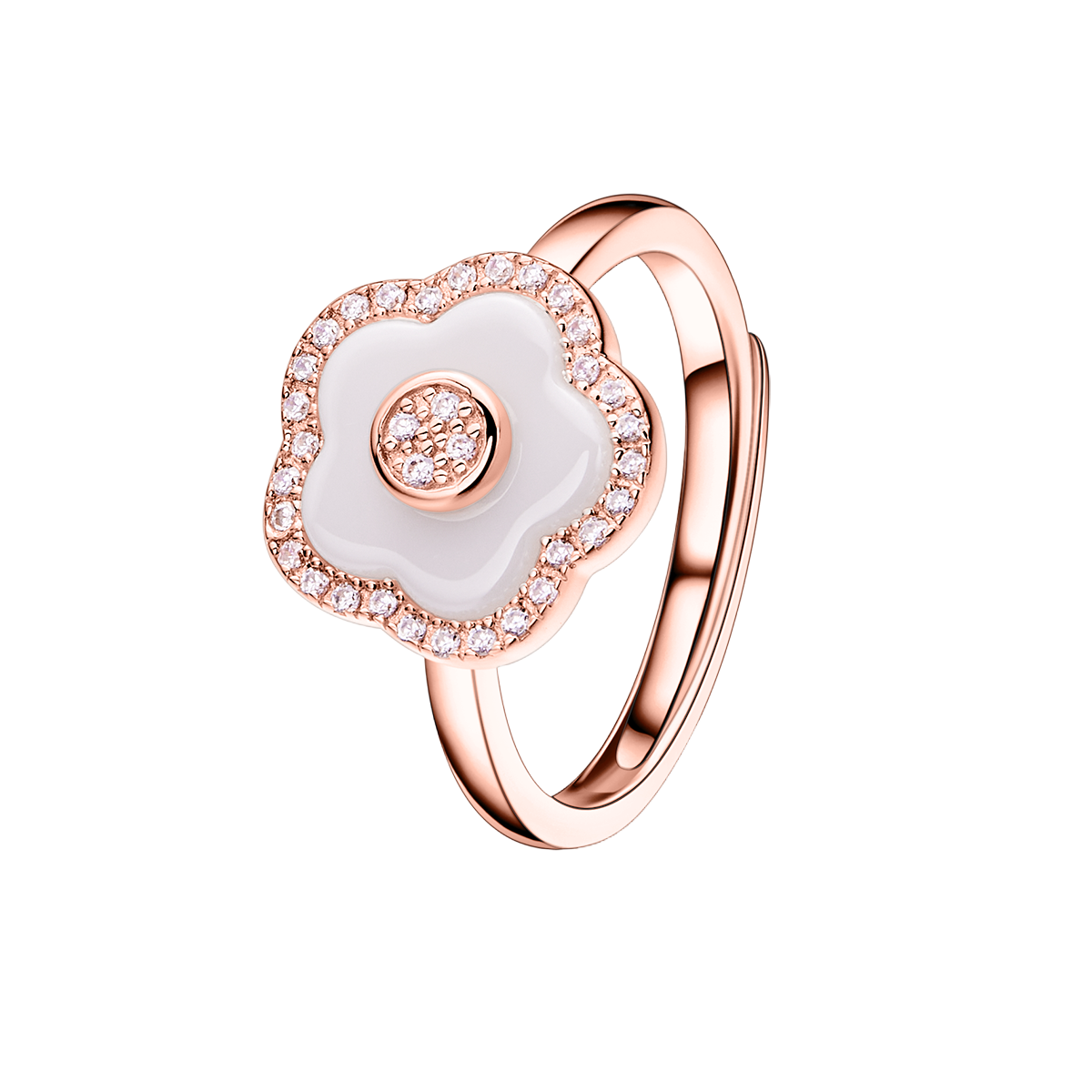 Cherry Blossom Ceramic White Ceramic Flowers Rosegold Ring 18K Rose Gold Plated - 4B4150 - front - Black By Blue Brave