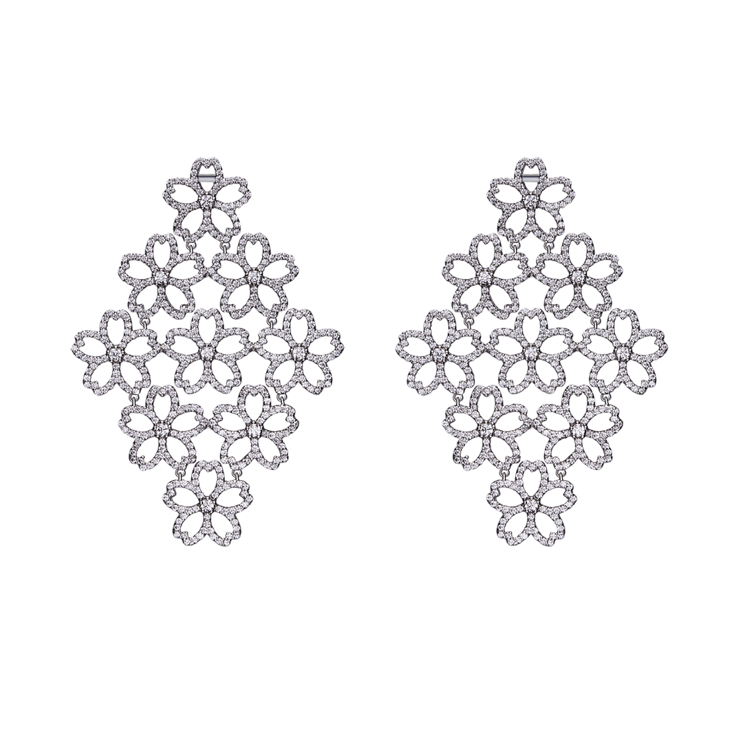 Cherry Blossom Cascade 9-Flower Sakura Zirconia Silver Earrings (Platinum Plated) - BLACK BY BLUE BRAVE