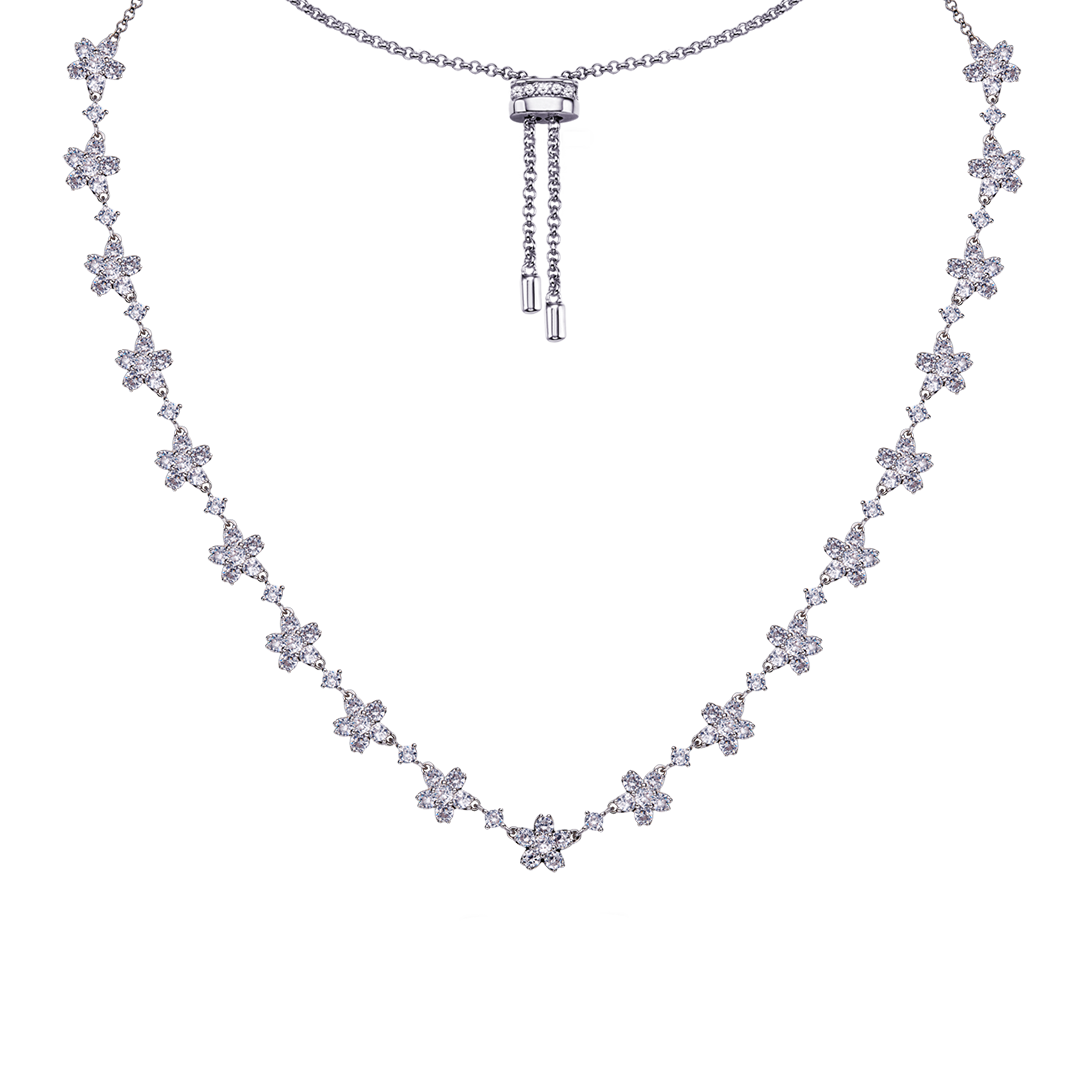 Cherry Blossom Cascade 19-Flower Sakura Zirconia Silver Necklace (Platinum Plated) - BLACK BY BLUE BRAVE