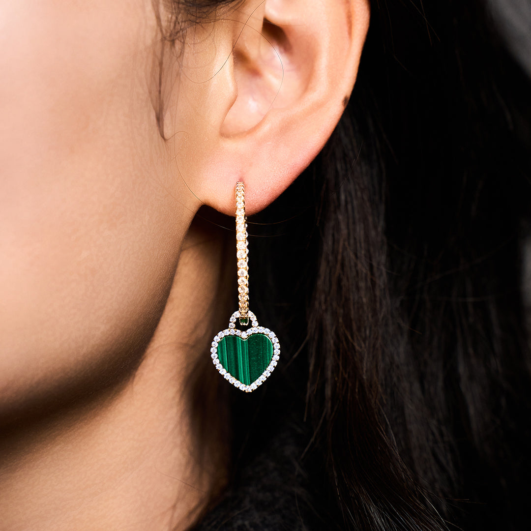 Love Heart Malachite Earrings 18K Gold Plated 45mm - 4B4328 - wear - Black By Blue Brave